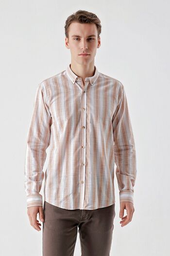 Morven Men's BROWN Cotton Flam Paneled Pattern Slim Fit Shirt