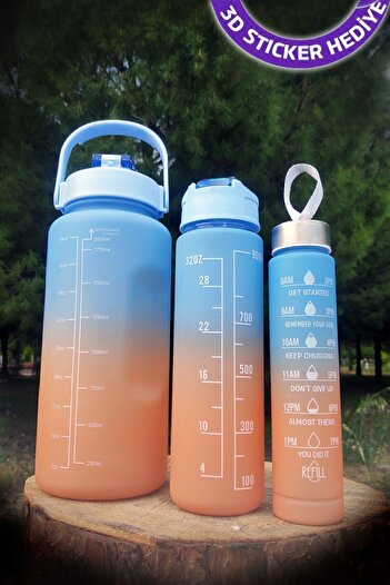 Bundeba Motivasyonel 3lü Set Su Matarası Su Şişesi Suluk 2 Litre +900ML+500ML Bpa İçermez Suluk