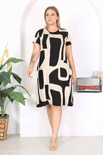 Madwilo Black Beige Asymmetrical Viscose Dress - Flexible Basic Model
