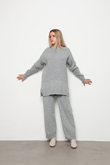 İKLİM LİFE Gray Double Knitwear Set - Collar and Skirt Detail