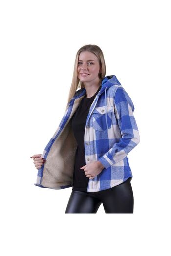 Exve Exclusive Blue Cream Checkered Checkered Hooded Wool Fur Inside Winter Lumberjack Women's Jacket Shirt