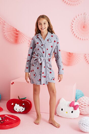 Siyah İnci Hello Kitty Lisanslı Polar Gri Kapişonlu SabahlıkHK402