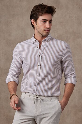 RAVANELLI Erkek Bej Çizgili Pamuk Keten Modern Slim Fit Gömlek