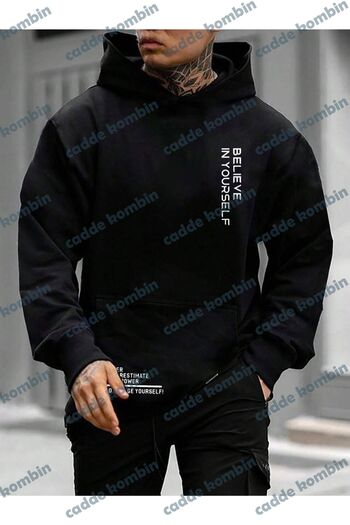 caddekombin Believe Printed Men's Black Oversize Hoodie