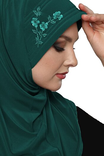 fidan bone Tactical Stone Handcrafted Bead Embroidered Green Ready-made Turban Hijab Bonnet Prayer Cover