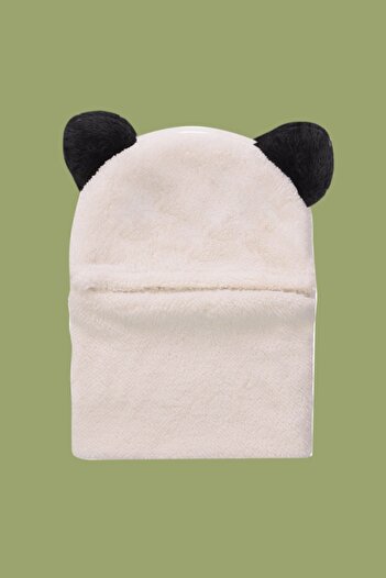 Bundera Panda Çocuk Kapüşonlu Peluş Bere Atkı Welsoft Boyunluk Rüzgar Geçirmez Kulaklı Şapka 10-14 Yaş