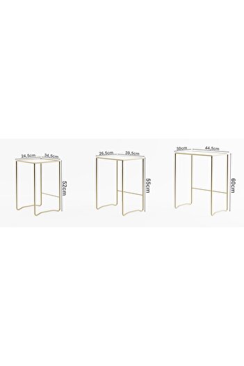 Catchme Retro 3 lü Zigon Sehpa, Metal Sehpa, Cam Sehpa, Salon, Yatak Odası, Antre