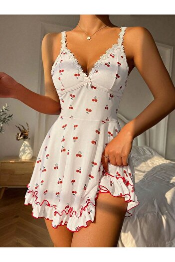BELLA NOTTE Tanga și cămașă de noapte cu bretele cu imprimeu cireș alb romantic