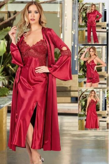 Nurteks Set de 6 piese din satin pentru femei, burgundă, cămașă de noapte, set de pijamale și set de pantaloni scurți, set de rochii de mireasă 6696
