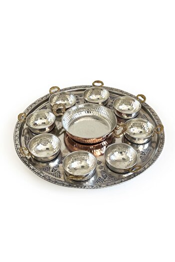 Shark Anatolia Breakfast Presentation Set with Tray, Copper Sahan 16 cm Thick Base 8 Pieces Copper Bowl with Handles