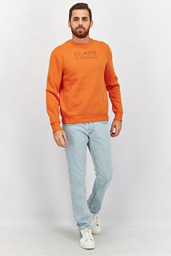 Cavalli Class Men Round Neck Long Sleeve Textured Sweatshirts, Orange Combo