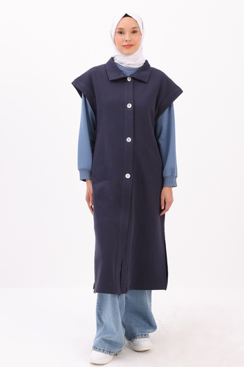 ALLDAY Navy Blue Raised Vest with Stand Collar and Slit Detail