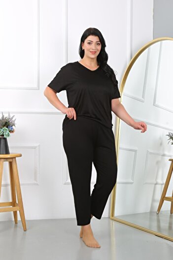 Akbeniz Kadın Büyük Beden Kısa Kol Penye Pijama Takımı Siyah 202405