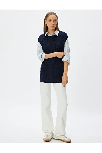 Koton Hair Knitted Textured Oversize Sweater - Crew Neck, Sleeveless