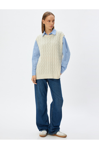 Koton Hair Knitted Textured Oversize Sweater - Crew Neck, Sleeveless