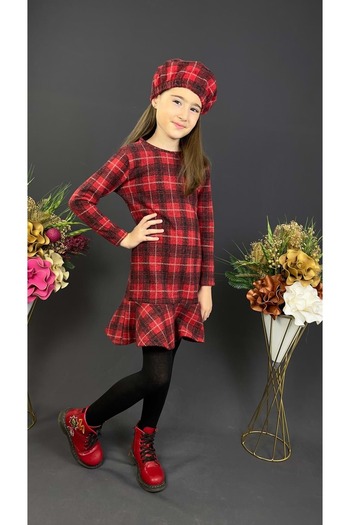 Mnk Baby&Kids Kız Çocuk Şapkalı Kışlık Uzun Kol Elbise Mnk0412 Kırmızı