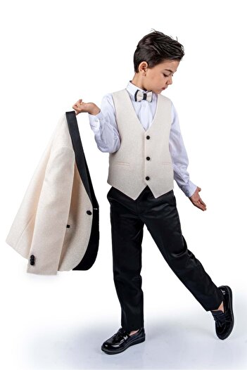 Mnk Baby&Kids Boy's Ecru Groom Suit - Glitter Jacket and Vest Mnk0501