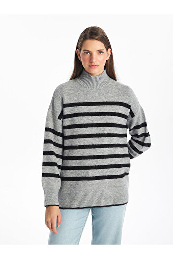 LC Waikiki Vision Striped Long Sleeve Oversize Women's Knitwear Sweater - Half Turtleneck