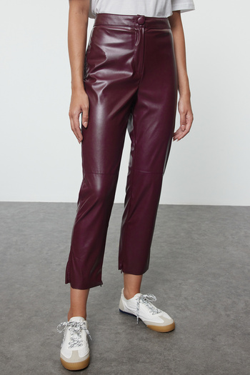Trendyol Collection Claret Red Faux Leather Cigarette Trousers - Zippered Leg, TWOAW25PL00049