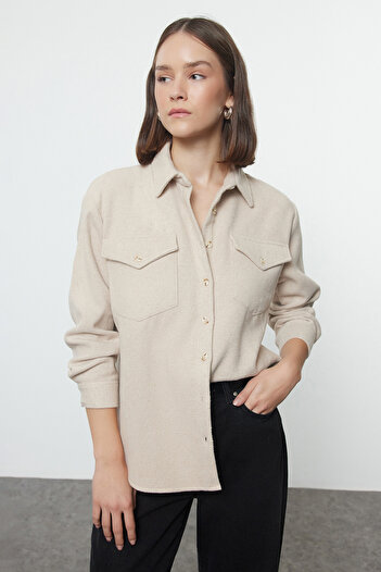 Trendyol Collection Oversize Beige Stamped Woven Shirt - Wide Fit Twoaw25go00096