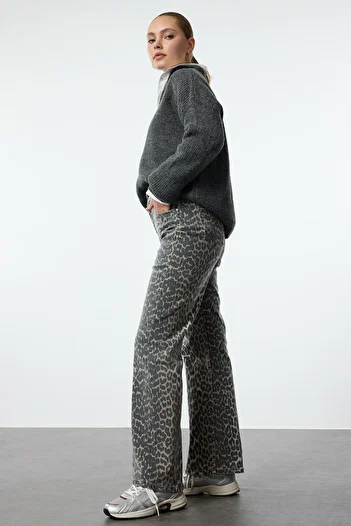 Trendyol Collection Leopard Pattern Brown High Waist Wide Leg Jeans Twoaw25Je00309