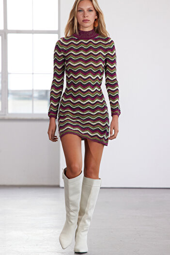 Trendyol Collection Fuchsia Color Blocked - Bodycon Mini Knitwear Dress - Twoaw25El00504