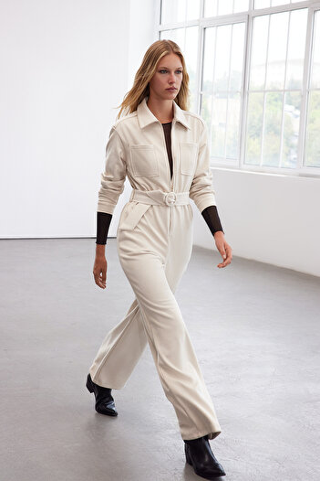 Trendyol Collection Limited Edition Stone Belted Suede Jumpsuit with Pocket Detail Twoaw25Tu00014