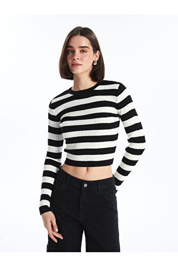 LC Waikiki XSIDE Crew Neck ριγέ μακρυμάνικο Crop γυναικείο πλεκτό πουλόβερ (W4)