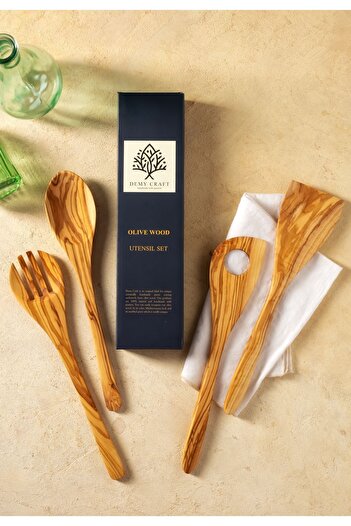 Demy Craft Olive Wood 30 cm 4 Piece Wooden Kitchen Set, Wooden Spoon, Fork, Spatula Handmade