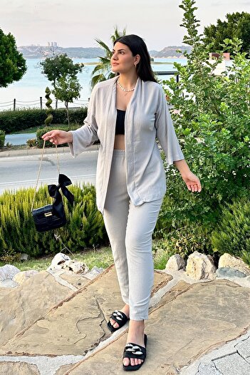 İpli Gray Kimono Set with Narrow Leg and Pocket Detail