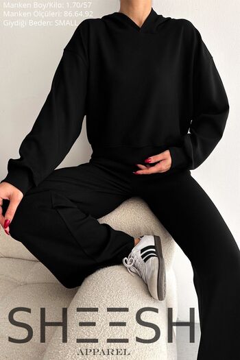 SHEESH APPAREL Black Modal Soft Textured Set - Palazzo Pants and Crop Hoodie