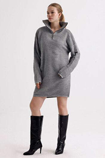 MD trend Patterned Zippered Oversize Knitwear Women's Tunic Dress