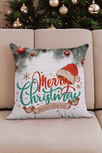 Sakallı Merry Christmas New Year's Themed - Deer Patterned Beige Throw Pillow Set of 4