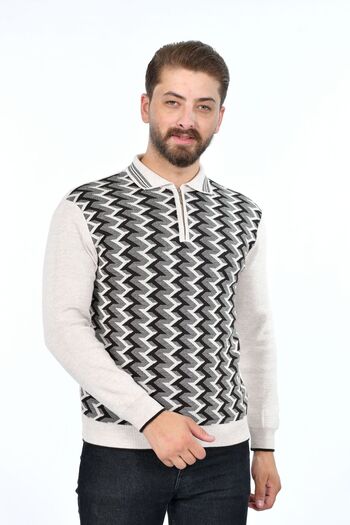 Kamalı Men's Winter Dad Sweater - Plaid Pattern, Shirt Collar, Zippered, Polo Collar, Non-Pilling Knitwear