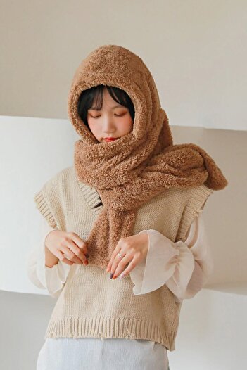Bundera Scarf Kahve Kapşonlu Kadın Peluş Bere Atkı Kadın Welsoft Polar Boyunluk Şalı Rüzgar Geçirmez Şapka