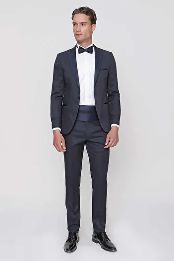 Morven Men's Navy Blue Taiga Bow Tie Sash Ceromonia Groom Suit
