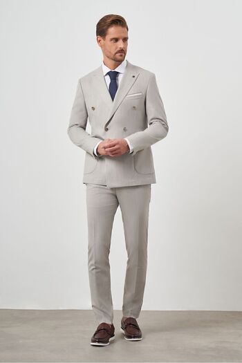 Morven Men's Beige Polyviscon Trend Double Breasted Slim Fit Pointed Collar Suit