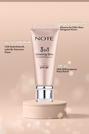 NOTE 3 in 1 Glowing Skin Tinted Moisturizer SPF 50 Işıltılı Aydınlatıcı Krem