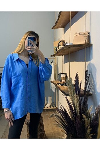Jolinbutik Bol Kesim Oversize Standart Beden Tensel Kumaş Mavi Gömlek
