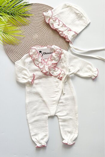 OBİMİNİ Laura Muslin Baby Girl Jumpsuit - Front Tie and Ruffle