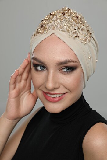 fidan bone Έτοιμο τουρμπάνι Hijab βραδινό καπό φόρεμα με σπαστή γραμμή κεντημένο μπεζ μοτίβο φαρδύ γυαλιστερό