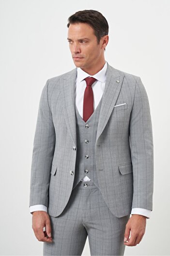 Morven Erkek Gri Poliviskon Trend Yelekli Ekoseli Slim Fit  Sivri Yaka Takım Elbise