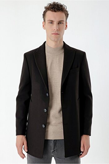 Morven Men's Black Plain Pattern Buttoned Pointed Collar Dynamic Fit Cuff Coat