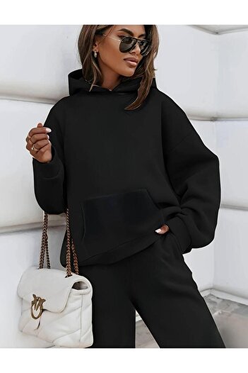 trendgar Black Unisex Hooded Tracksuit and Bottom Set