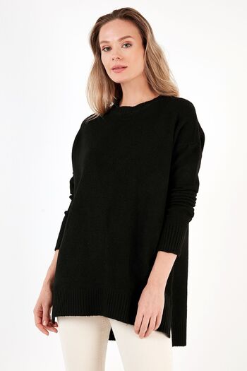 Lela Comfortable Cut Slit Detailed Crew Neck Sweater SWEATER 4616142