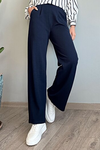 InStyle Navy Blue Φαρδύ Παντελόνι - Πλισέ Λεπτομέρεια
