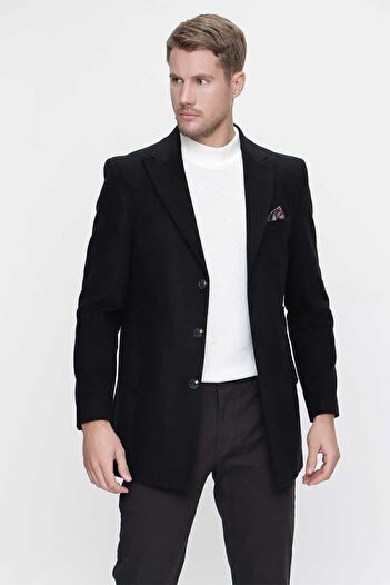Morven Men's Black Plain Dynamic Fit Relaxed Cut Pointed Collar Coat