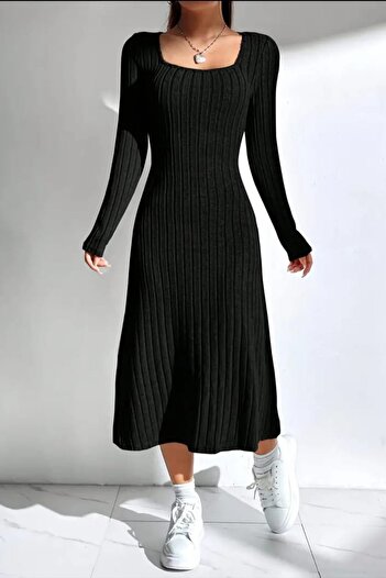 missamour Black U-Neck Fitiili Women's Dress - Thick Corded Trend