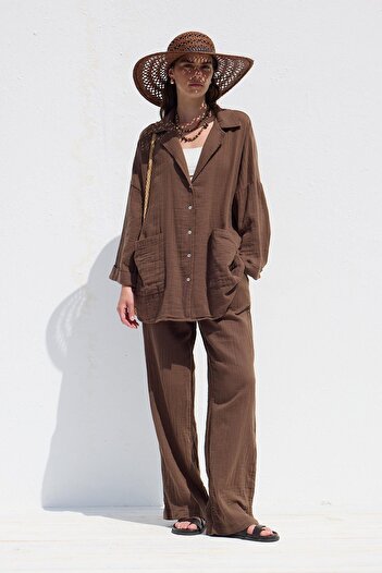 Manuka Comfortable Cut Muslin Trousers - Brown