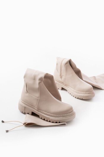 Aymood 812-2194 Beige Women's Casual Boots - Lace-Up and Zippered Over-The-Knee Socks